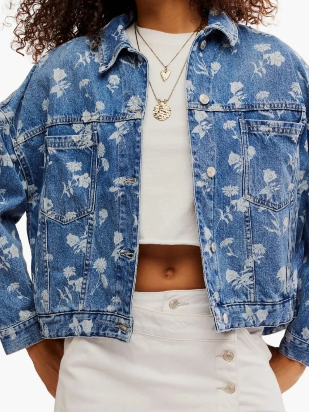 Free People Opal Floral Daisy Patterned  Swing Denim Jacket In Sky Blue - M - Picture 2 of 10